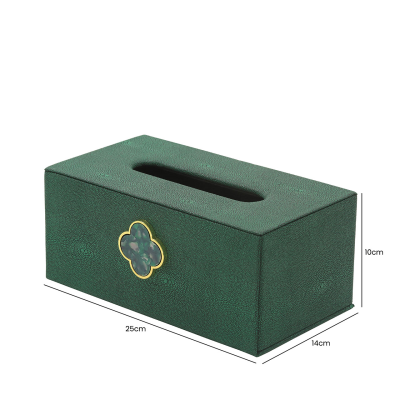 Green tissue box with green clasp detail. Faux leather