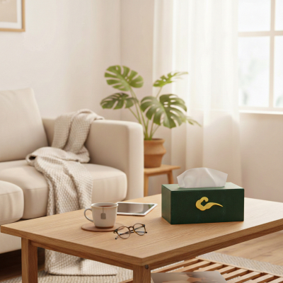 Green tissue box with gold  clasp detail. Faux leather
