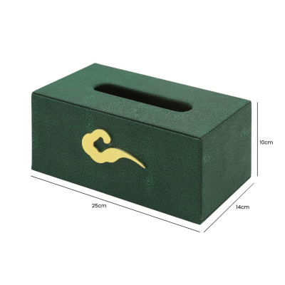 Green tissue box with gold  clasp detail. Faux leather