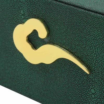 Green tissue box with gold  clasp detail. Faux leather
