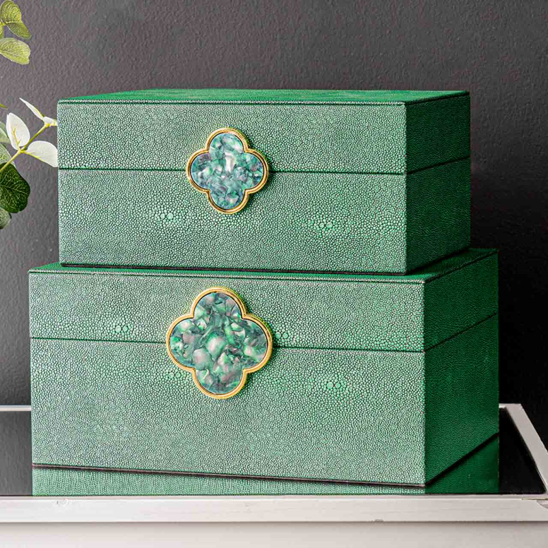 Set of 2 Green Faux Litchi Jewellery Boxes with Gold & Marble-Effect Handle