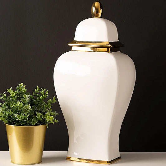 White And Gold Ceramic Ginger Jar With Lid 51cm