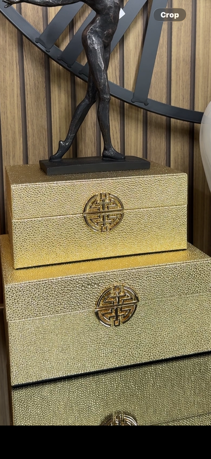 Set 2 gold faux leather home decor boxes