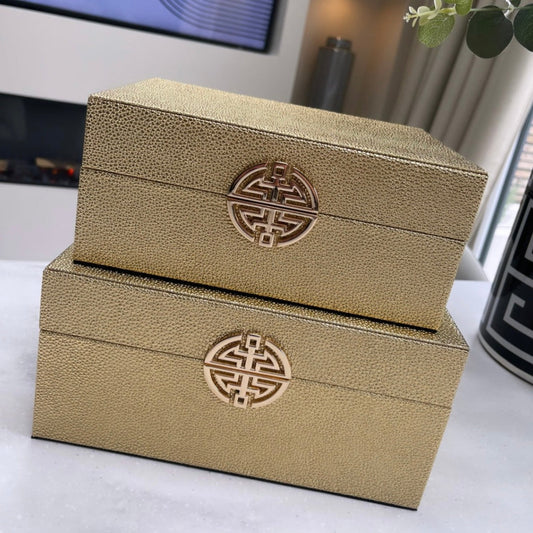 Set 2 gold faux leather home decor boxes