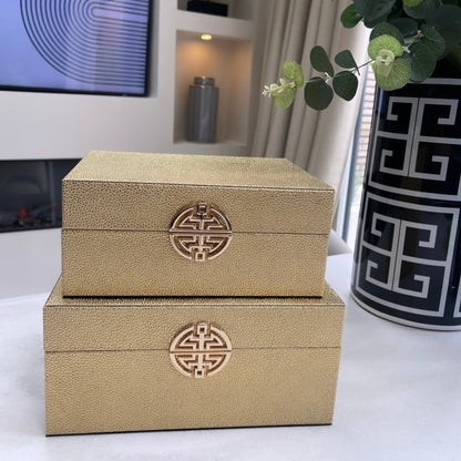 Set 2 gold faux leather home decor boxes