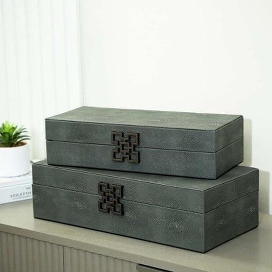 Set of 2 Grey Faux Litchi Jewellery Boxes with Gunmetal Handle