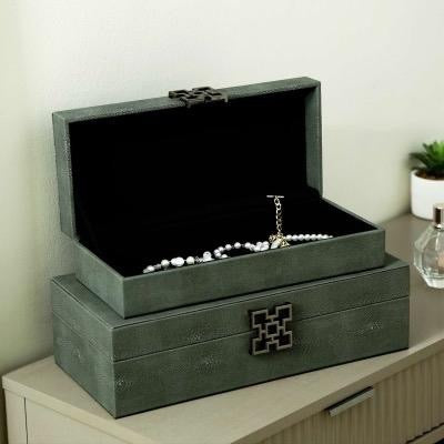Set of 2 Grey Faux Litchi Jewellery Boxes with Gunmetal Handle