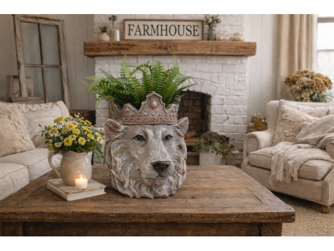 Regal Lion Head Planter with Crown – 31cm