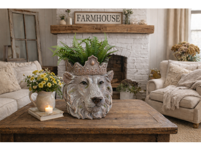 Regal Lion Head Planter with Crown – 31cm