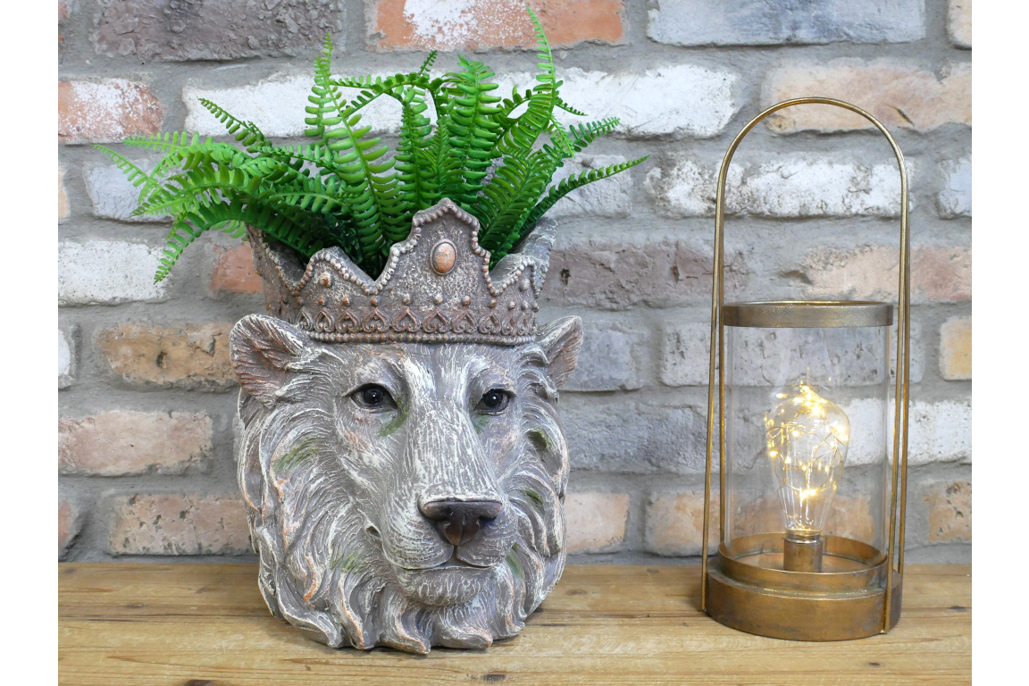 Regal Lion Head Planter with Crown – 31cm