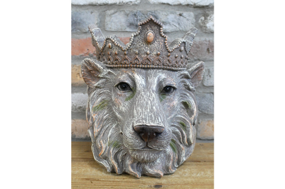Regal Lion Head Planter with Crown – 31cm