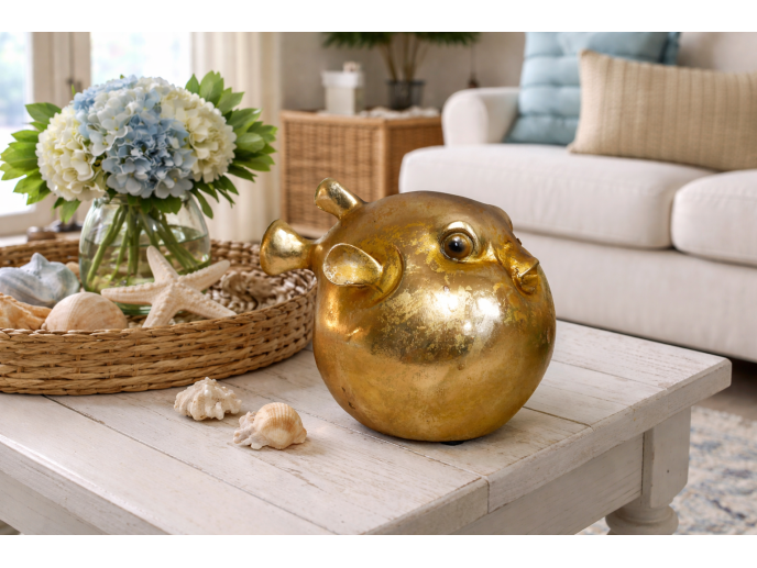 Gold puffer fish statue home decor