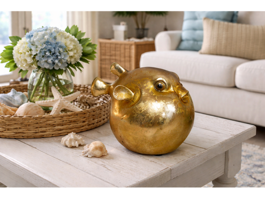 Gold puffer fish statue home decor