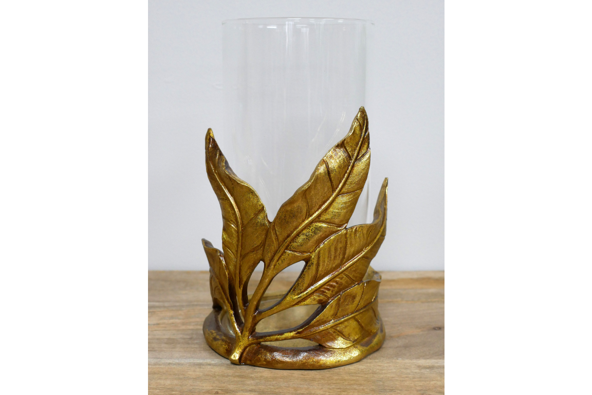 Gold leaf design candle holder with glass . Home decor