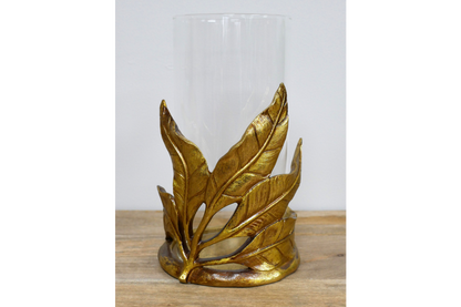 Gold leaf design candle holder with glass . Home decor