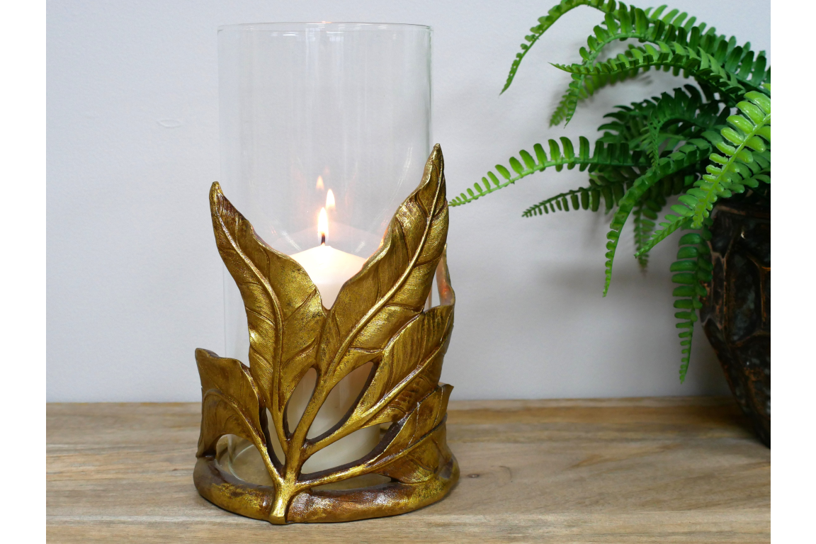 Gold leaf design candle holder with glass . Home decor