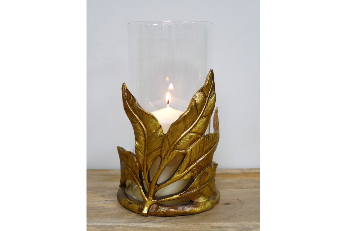 Gold leaf design candle holder with glass . Home decor