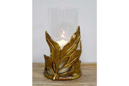 Gold leaf design candle holder with glass . Home decor