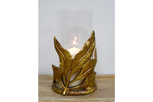 Gold leaf design candle holder with glass . Home decor