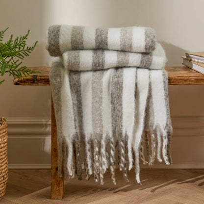 Soft woven heath stripe throw with tassels 140 x 180cm