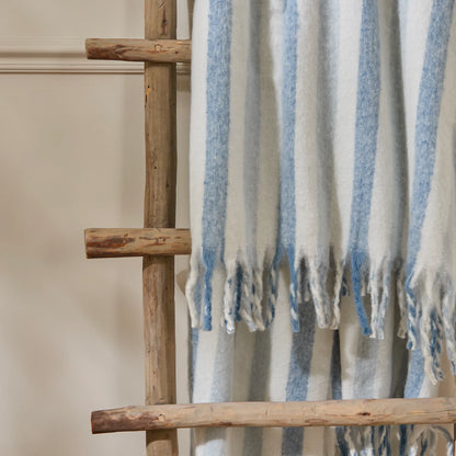 Soft woven sky blue stripe throw with tassels 140 x 180cm