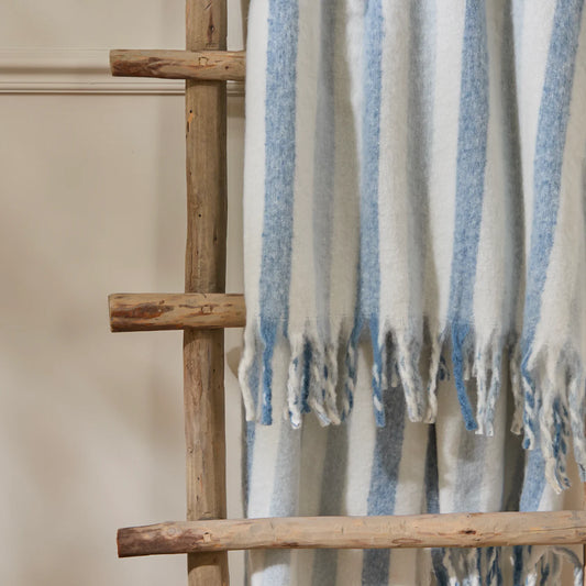 Soft woven sky blue stripe throw with tassels 140 x 180cm