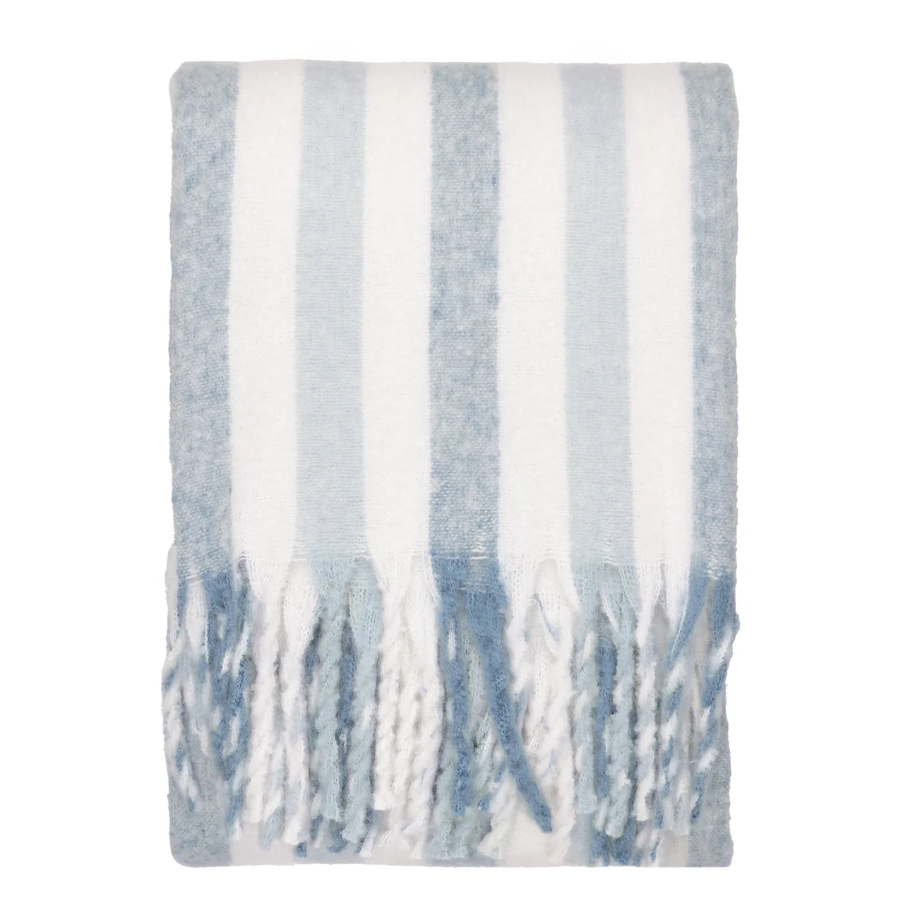 Soft woven sky blue stripe throw with tassels 140 x 180cm