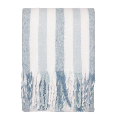 Soft woven sky blue stripe throw with tassels 140 x 180cm