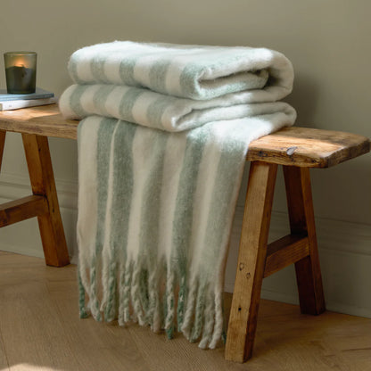 Soft woven green  stripe throw with tassels 140 x 180cm (Copy)