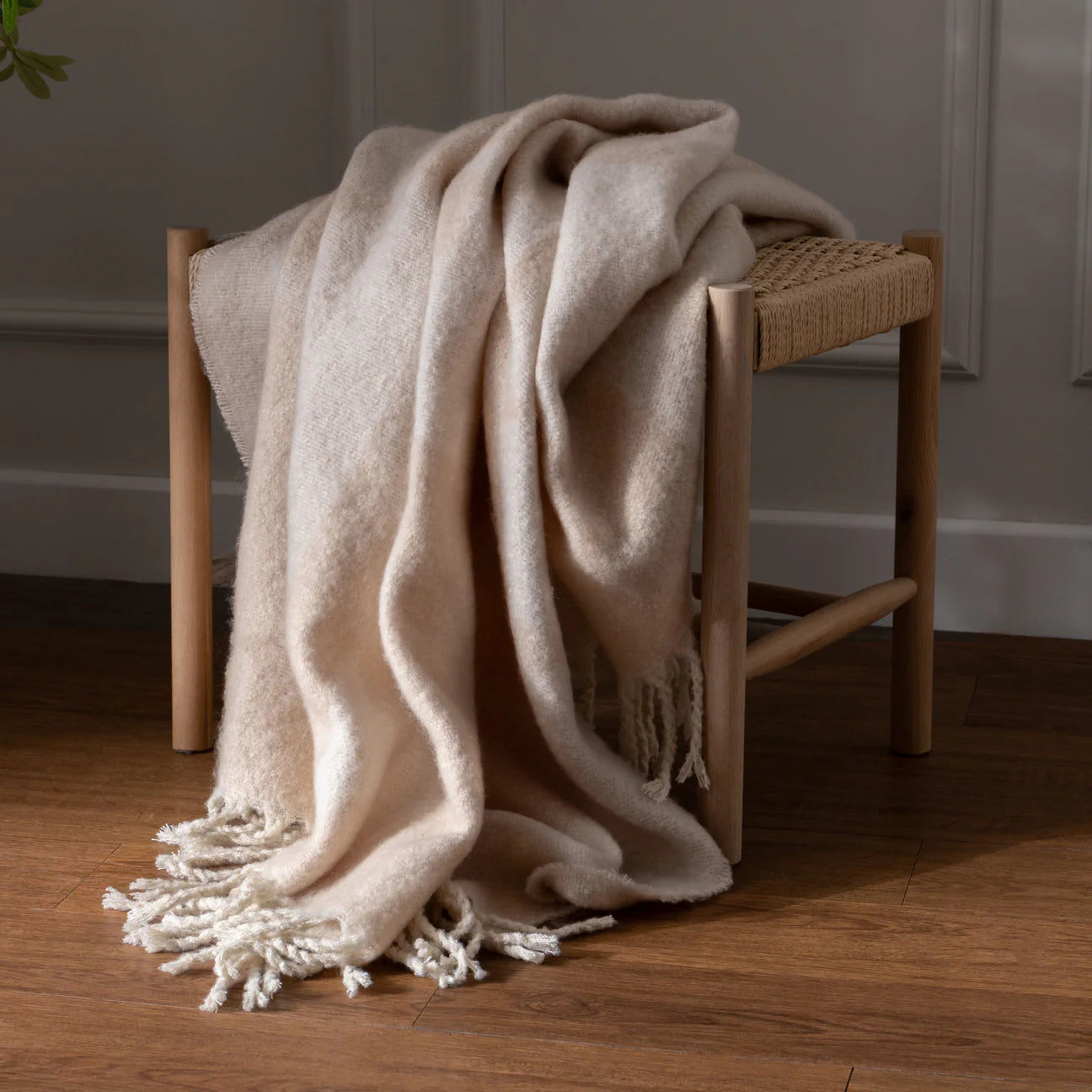 Cream and beige soft woven Tassle throw
