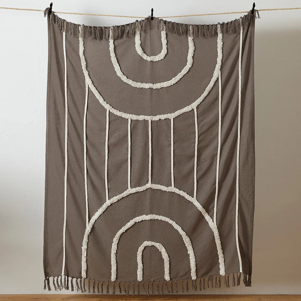 Grey tasseled throw textured 130 x 150cm