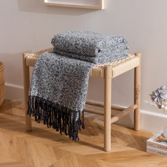 Navy herringbone Tassle throw soft woven