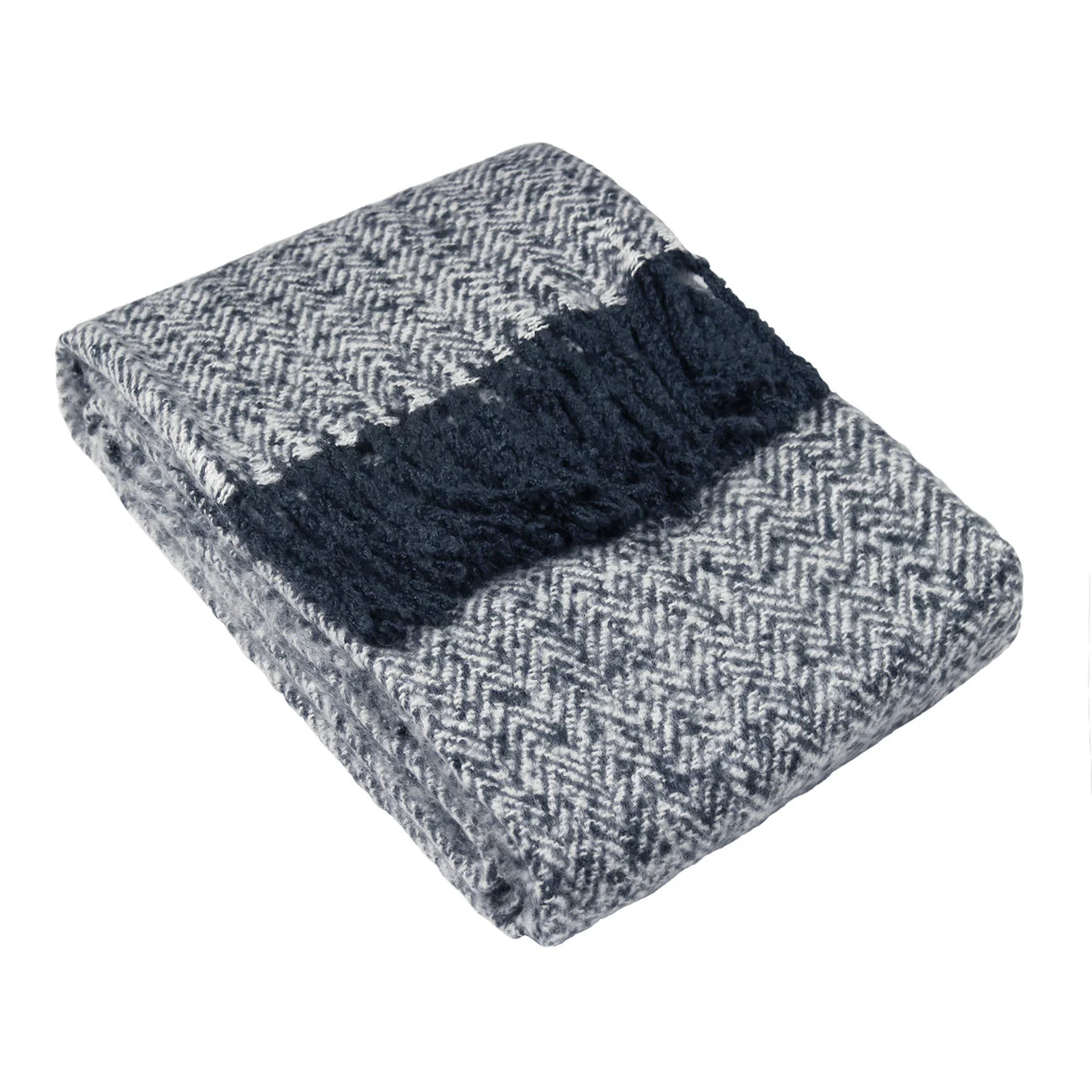 Navy herringbone Tassle throw soft woven