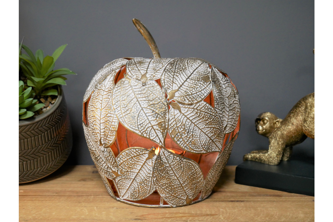 Large Apple Metal Candle Holder Home Decor with Leaf Pattern Design for Stylish Interior Decoration