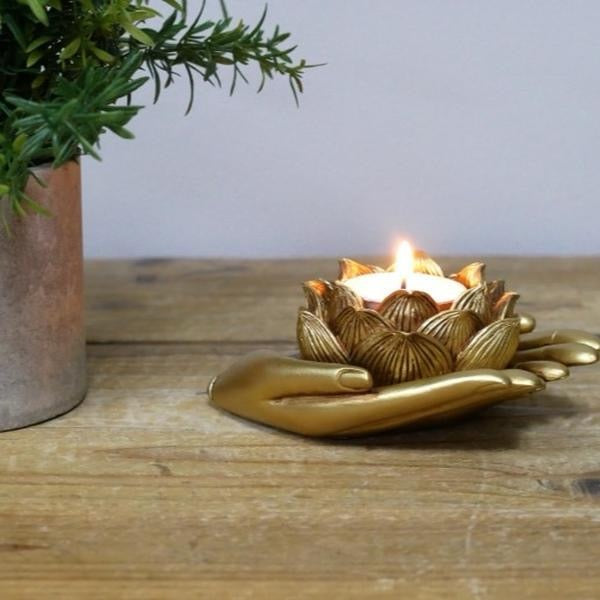 2 Hand Gold Tea Light Holder - Compact & Elegant Home Decor Ornament for Bedside Table Living Room Bedroom Travel Gift