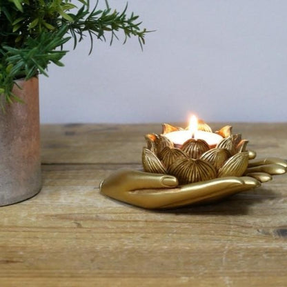 2 Hand Gold Tea Light Holder - Compact & Elegant Home Decor Ornament for Bedside Table Living Room Bedroom Travel Gift