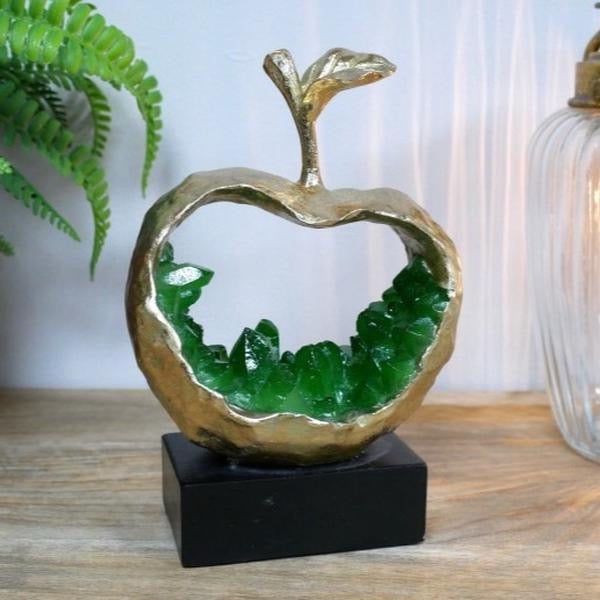 Gold Apple with green crystal detail statue