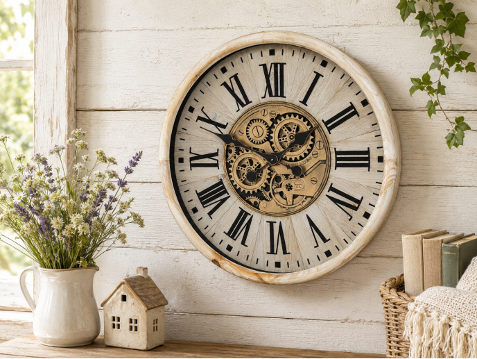 Cream mango wood moving god clock brass detail