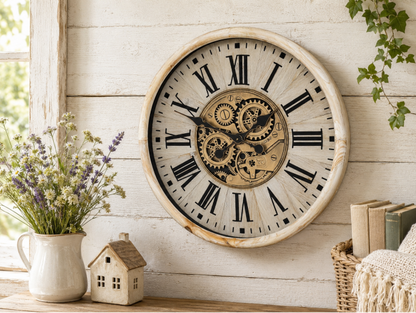 Cream mango wood moving god clock brass detail