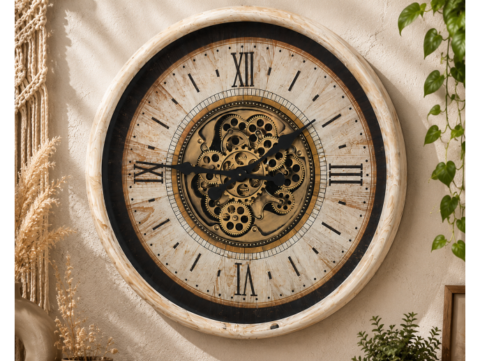 Large cream wall clock with moving brass cog detail