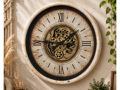 Large cream wall clock with moving brass cog detail