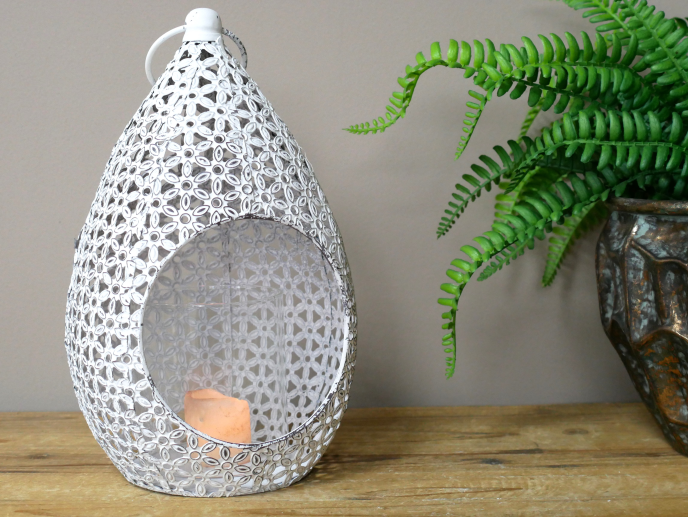 White Floral Cut-Out  candle Lantern