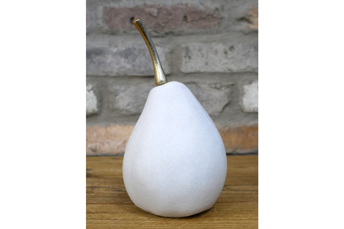 large white quartz pear statue with gold stalk detail