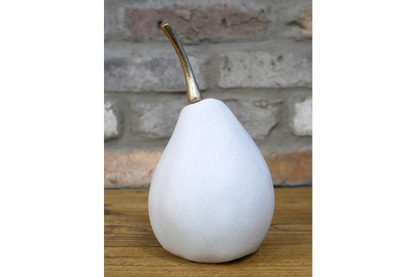 large white quartz pear statue with gold stalk detail