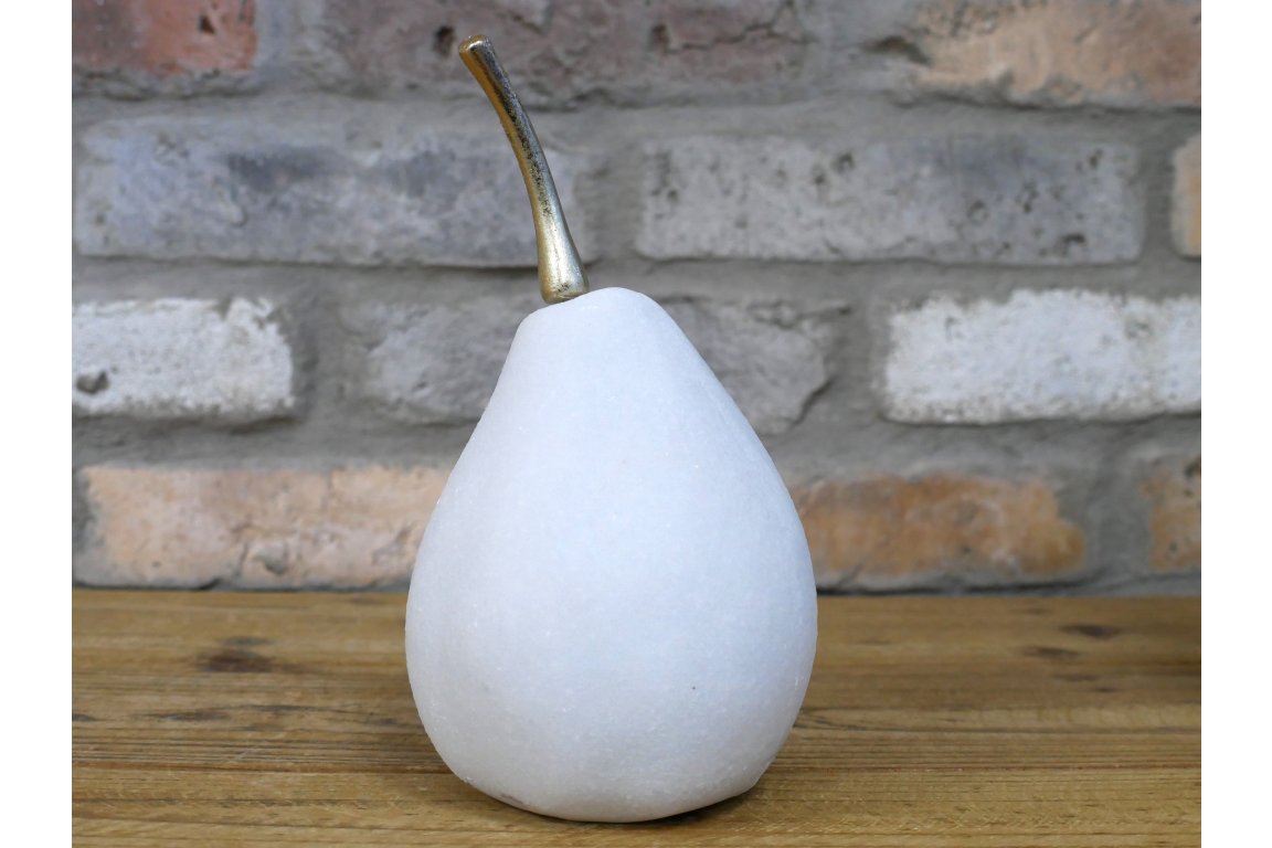 large white quartz pear statue with gold stalk detail