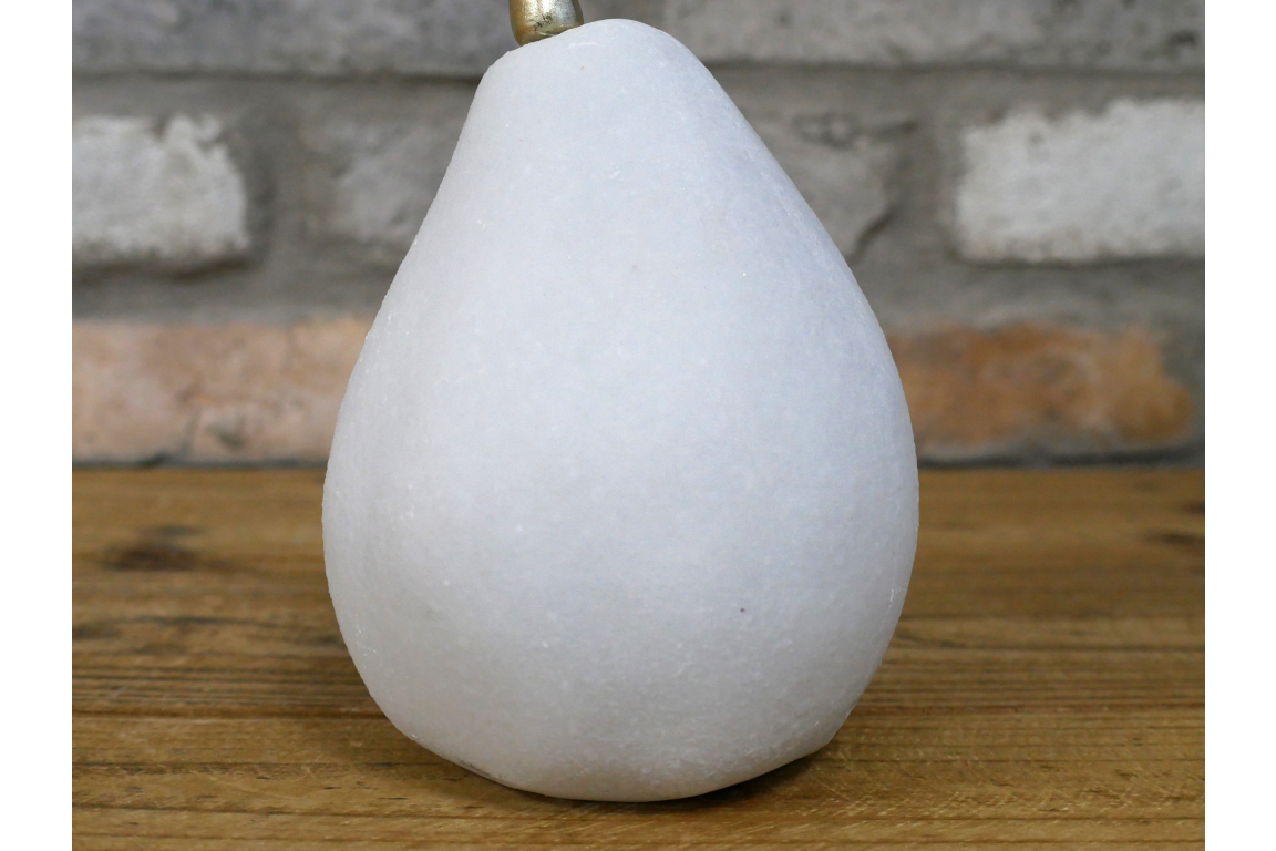 large white quartz pear statue with gold stalk detail