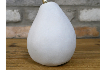 large white quartz pear statue with gold stalk detail