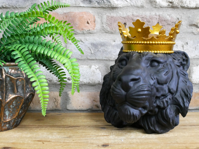 Crowned Lion Head Ornament Black & Gold Resin Statue 25cm
