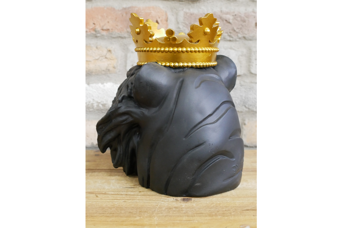 Crowned Lion Head Ornament Black & Gold Resin Statue 25cm