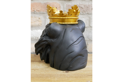 Crowned Lion Head Ornament Black & Gold Resin Statue 25cm